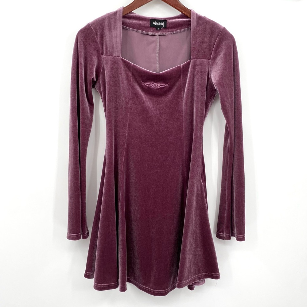 Expired Girl Dress Women’s Small Pink Velour Skater Goth Square Neck Long Sleeve